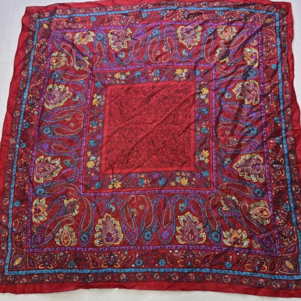 Vintage 80s 90s Paisley Square Scarf Burgundy Red Jewel Tone Boho Retro 30x30